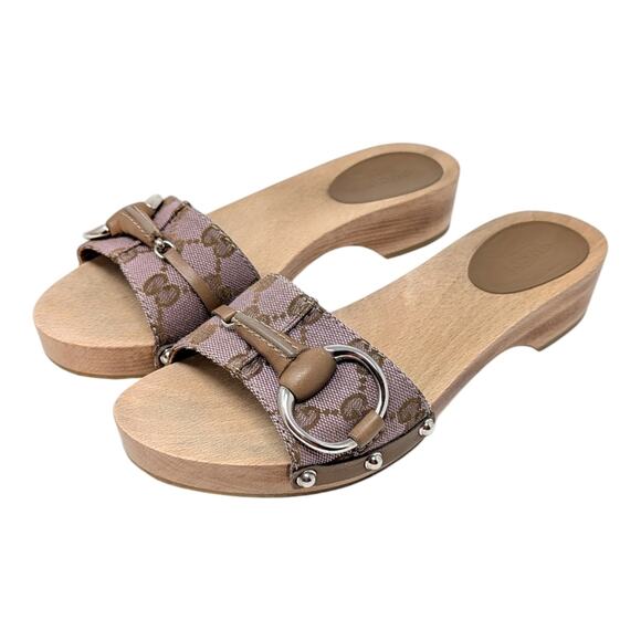 Vintage Gucci Horsebit Wood Clog Slide Flat Sandal GG Monogram Beige Pink 36.5 - Picture 2 of 12